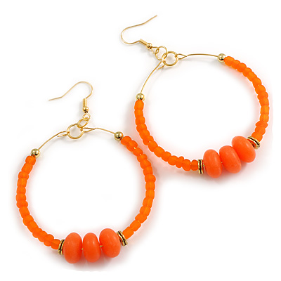 50mm Large Orange Glass, Acrylic Bead Hoop Earrings in Gold Tone - 75mm Drop - main view