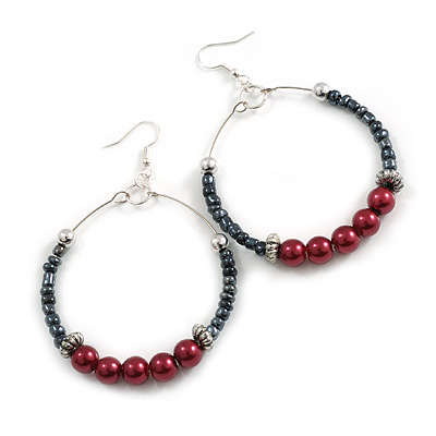 55mm Large Hematite Glass Bead and Ox Blood Faux Pearl Hoop Earrings In Silver Tone - 80mm Drop