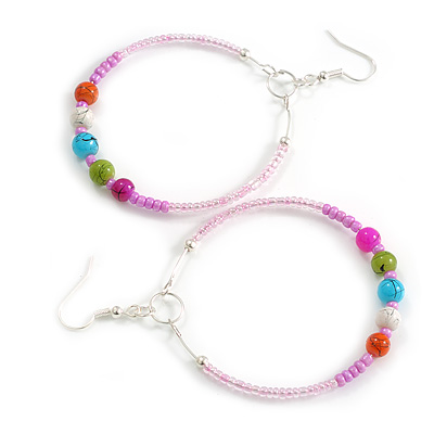 50mm Pink Glass and Multicoloured Ceramic Bead Large Hoop Earrings in Silver Tone - 75mm Drop