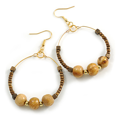 45mm Brown Glass and Natural Wood Bead Medium Hoop Earrings In Gold Tone - 65mm Drop - main view