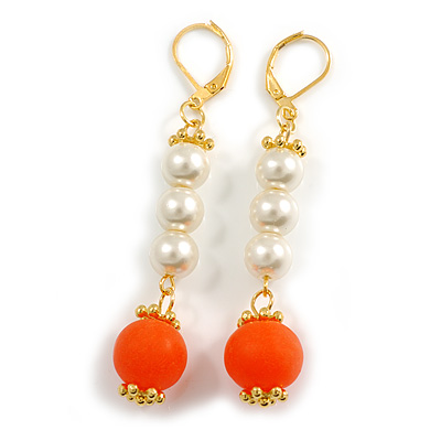 60mm Long Cream Faux Pearl Orange Acrylic Bead Drop Earrings in Gold Tone - main view
