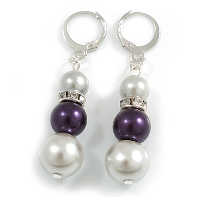 Light Grey/ Purple Glass Bead with Crystal Ring Drop Earrings in Silver Tone - 50mm L - main view