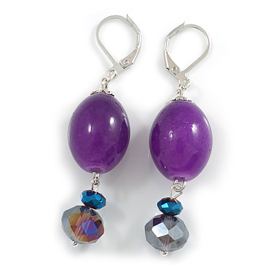 Fancy Purple Glass Crystal Bead Drop Earrings In Silver Tone - 55mm Drop - main view