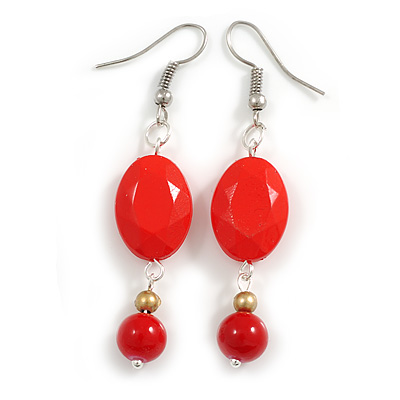 Red Acrylic/ Ceramic Beaded Drop Earrings in Silver Tone - 60mm L - main view