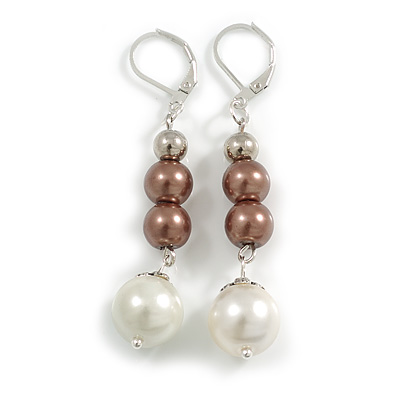 Cream/ Brown Faux Pearl Bead Drop Earrings in Silver Tone - 60mm L - main view