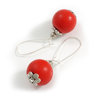 20mm Diameter Red Wood Dangle Bead Kidney Wire Closure Earrings in Silver Tone - 65mm L