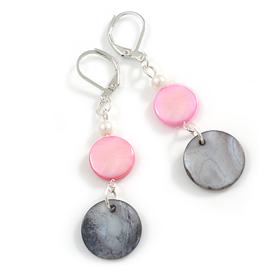 Pink/ Grey Black Shell Bead Drop Earrings In Silver Tone - 55mm L - main view
