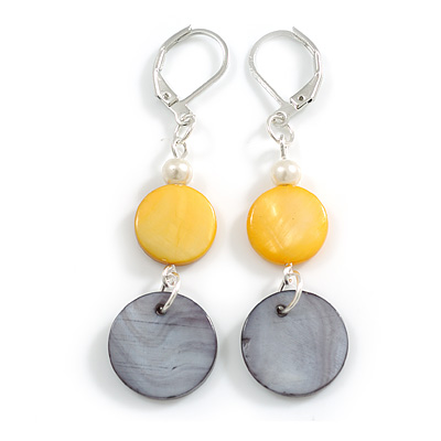 Yellow/ Grey Black Shell Bead Drop Earrings In Silver Tone - 55mm L - main view