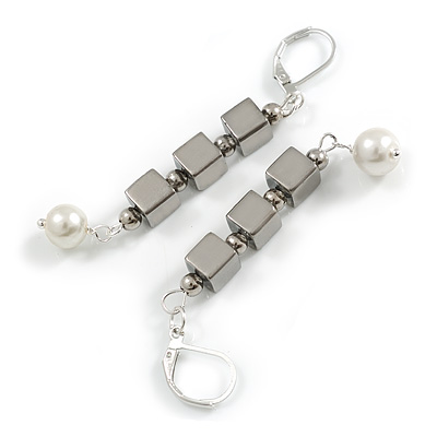 Trendy Square Hematite Faux Pearl Bead Drop Earrings In Silver Tone - 70mm Drop - main view