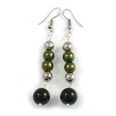 75mm Olive Green Glass/ Black Ceramic Bead Drop Earrings In Silver Tone - main view