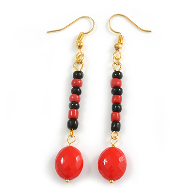 Black/ Red Glass Acrylic Bead Drop Earrings in Gold Tone - 70mm L - main view
