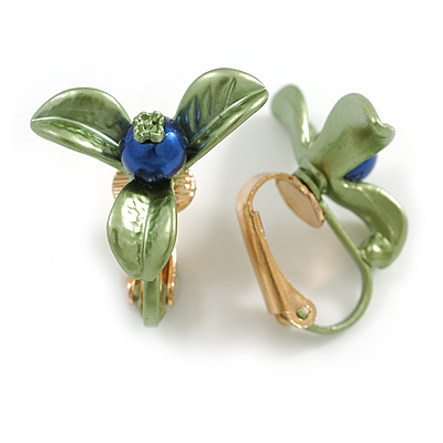 20mm Green/ Blue Berry Clip On Earrings in Gold Tone - main view