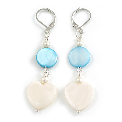White/ Light Blue Shell Heart Beaded Drop Earrings In Silver Tone - 60mm L - main view