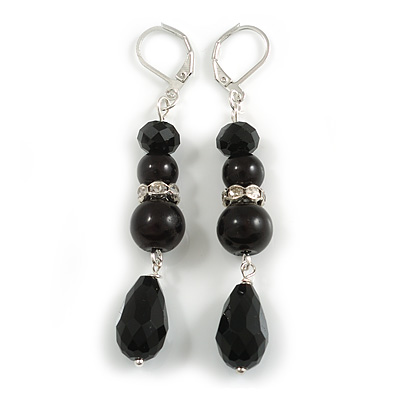 Stylish Glass and Ceramic Bead with Crystal Ring Drop Earrings in Silver Tone - 70mm Long