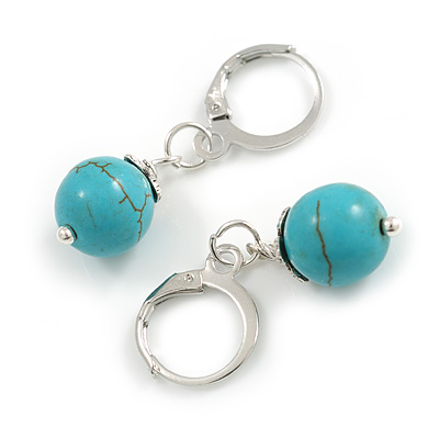 10mm Delicate Round Turquoise Bead Drop Earrings Silver Tone - 35mm Long - main view