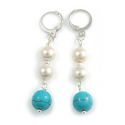 55mm Delicate Turquoise Faux Pearl Bead Drop Earrings In Silver Tone - main view