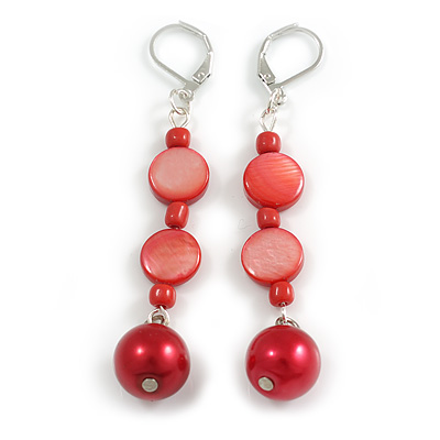 Red Shell Glass Bead Drop Earrings in Silver Tone - 70mm L - main view