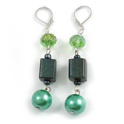 Glass Wooden Bead Drop Earrings/ Green Shades in Silver Tone - 70mm L - main view