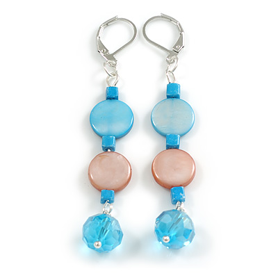 Light Blue/ Brown Shell Glass Bead Drop Earrings in Silver Tone - 70mm L