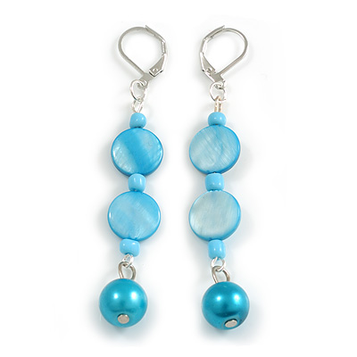 Light Blue/ Teal Shell Glass Bead Drop Earrings in Silver Tone - 70mm L