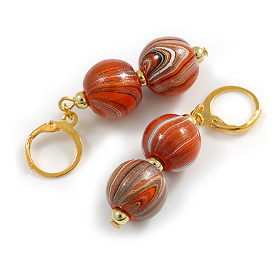 Double Bead Wood Drop Earrings in Gold Tone/Orange - 50mm L
