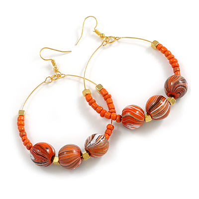 50mm Orange Glass/ Wood Bead Large Hoop Earrings in Gold Tone - 75mm L - main view