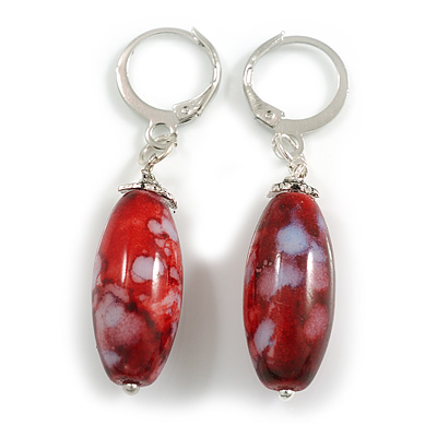 Candy Style Oval Glass Bead Drop Earrings In Silver Tone in Red/White Shades - 50mm L