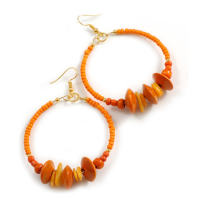 55mm Orange/ Peach Large Glass, Wooden Bead Hoop Earrings In Gold Tone - 80mm L