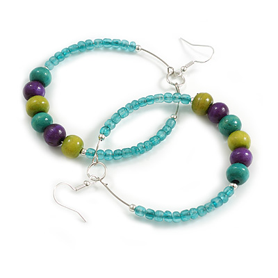 55mm Frosted Teal Glass and Olive/Purple/Teal Wooden Bead Large Hoop Earrings In Silver Tone - 80mm L - main view