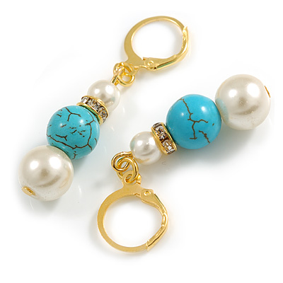 Faux Glass Pearl and Turquoise Bead with Crystal Spacer Drop Earrings in Gold Tone - 50mm L