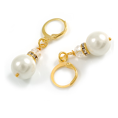 White Faux Pearl Glass and Transparent Bead with Crystal Rings Drop Earrings in Gold Tone - 40mm L - main view