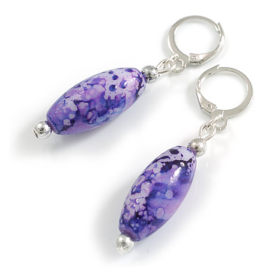 Candy Style Oval Glass Bead Drop Earrings In Silver Tone in Purple Shades - 50mm L - main view