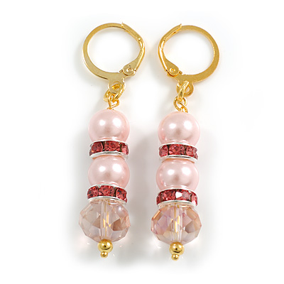 Light Pink Glass Bead with Pink Crystal Rings Drop Earrings in Gold Tone - 50mm Long - main view