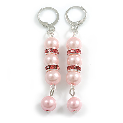 Elegant Light Pink Glass Bead with Crystal Rings Drop Earrings in Silver Tone - 60mm L - main view