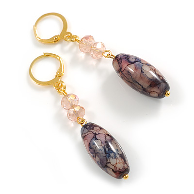 Marble Pink/Blue Glass Bead Drop Earrings in Gold Tone - 60mm L - main view