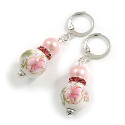 Pink/White Floral Glass Bead with Pink Crystal Spacer Drop Earrings in Silver Tone - 45mmL - main view