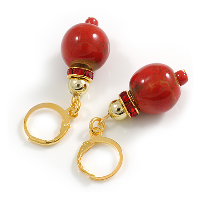 Red Round Ceramic Bead with Red Crystal Ring Drop Earrings in Gold Tone - 45mm L - main view
