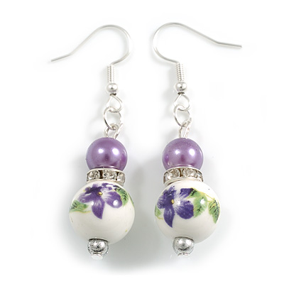 Purple/White Floral Glass Bead with Clear Crystal Spacer Drop Earrings in Silver Tone - 50mmL - main view