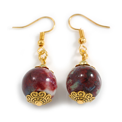 Vintage Inspired Marble Red Round Ceramic Bead Drop Earrings in Gold Tone - 45mm L - main view