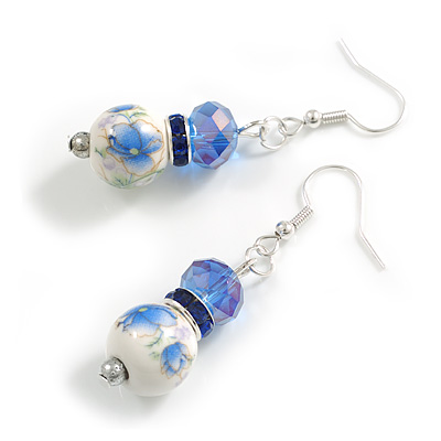 Blue/White Floral Glass Bead with Blue Crystal Spacer Drop Earrings in Silver Tone - 50mmL - main view