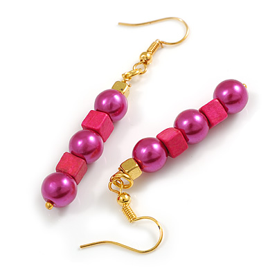 Deep Pink/ Magenta Glass and Wood Bead Drop Earrings in Gold Tone - 60mm L - main view