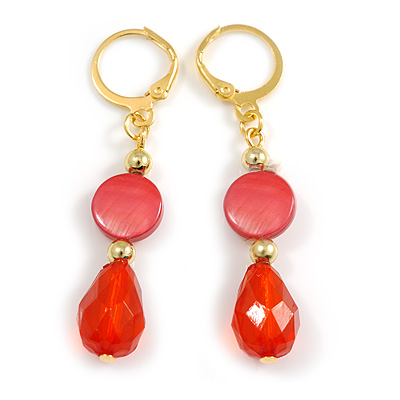 Red Shell/ Acrylic Bead Drop Earrings in Gold Tone - 50mm L - main view