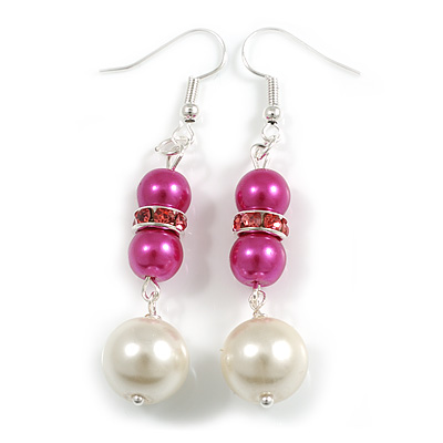 Deep Pink/White Faux Pearl Glass Bead with Pink Crystal Spacer Drop Earrings in Silver Tone - 60mmL - main view