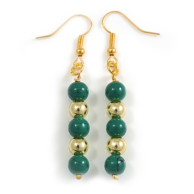Green Ceramic and Gold Metal Bead Drop Earrings In Gold Tone - 50mm L - main view