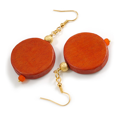 Orange Wood Coin Drop Earrings in Gold Tone - 60mm Long - main view