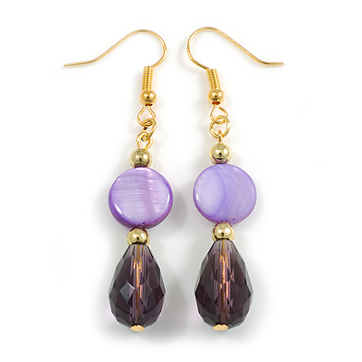 Purple Shell/ Glass Bead Drop Earrings in Gold Tone - 55mm L - main view