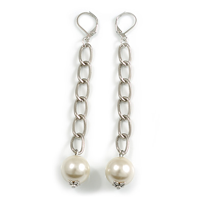 Statement Long Chain with Faux Pearl Bead Linear Earrings in Silver Tone - 90mm L - main view