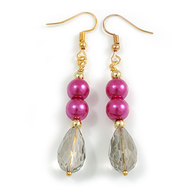 Deep Pink/Light Grey Glass Bead Drop Earrings In Gold Tone - 60mm L - main view