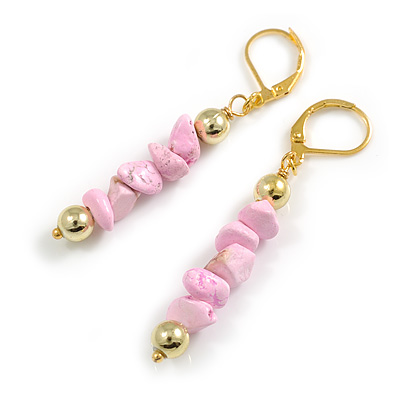 Light Pink Stone Nugget Linear Drop Earrings in Gold Tone - 60mm L - main view