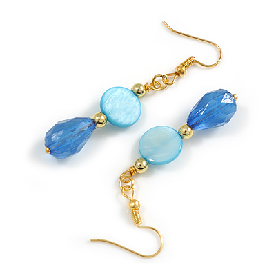 Blue Shell/ Acrylic Bead Drop Earrings in Gold Tone - 55mm L - main view